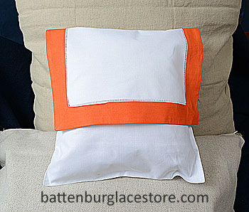Envelope Pillow. 12 inches. White with Vermillion Orange border